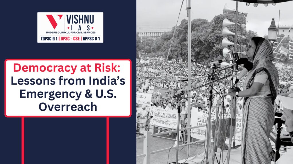 Historic photo of Indira Gandhi addressing a public rally during India's Emergency era, illustrating the risks of executive overreach in constitutional democracies, with a modern context comparing U.S. political parallels.