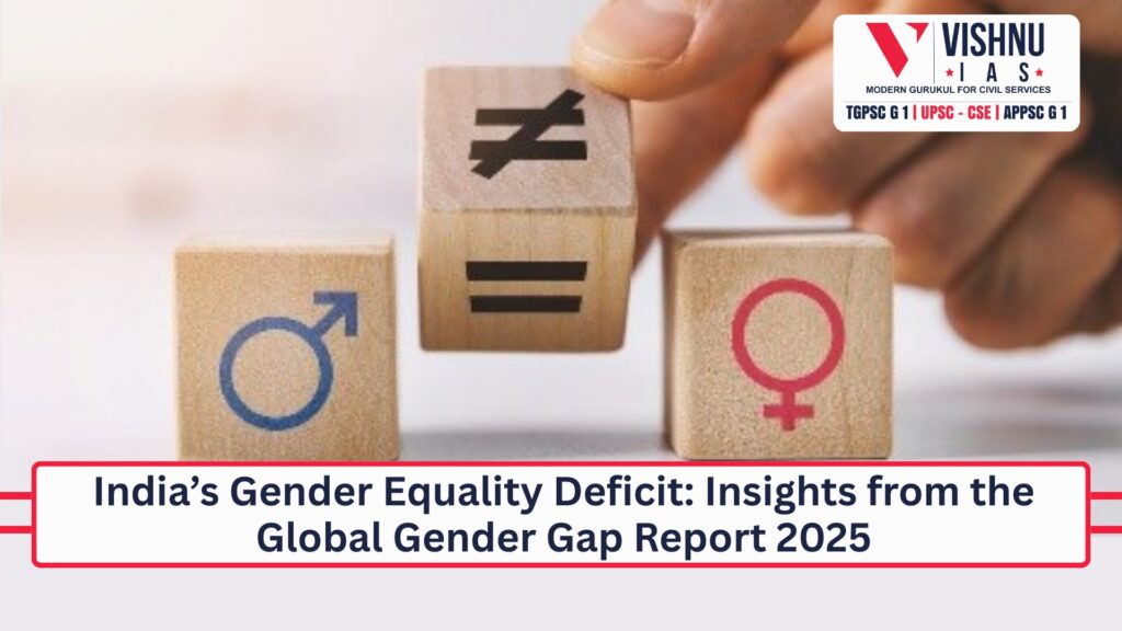 Three wooden blocks showing male, female, and equality symbols representing India’s gender disparity highlighted in the Global Gender Gap Report 2025, with Vishnu IAS branding