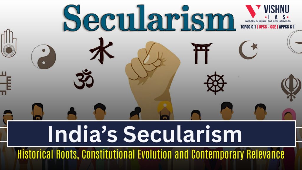 Illustration of a raised fist surrounded by various religious symbols and diverse people, representing India's secularism and its foundation in equality, constitutional values, and religious harmony.