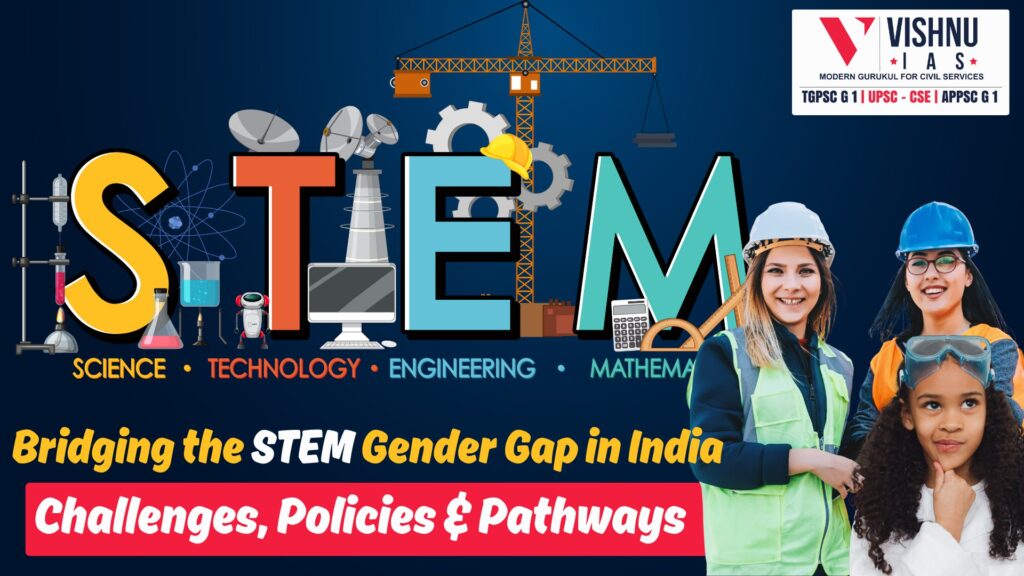 Illustration of STEM (Science, Technology, Engineering, Mathematics) with female engineers and students, promoting gender equality in STEM careers in India, by Vishnu IAS.