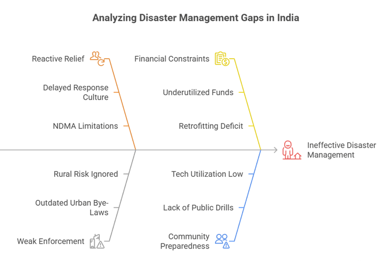 Fishbone diagram analyzing disaster management gaps in India such as reactive relief, financial constraints, weak enforcement, and lack of community preparedness.