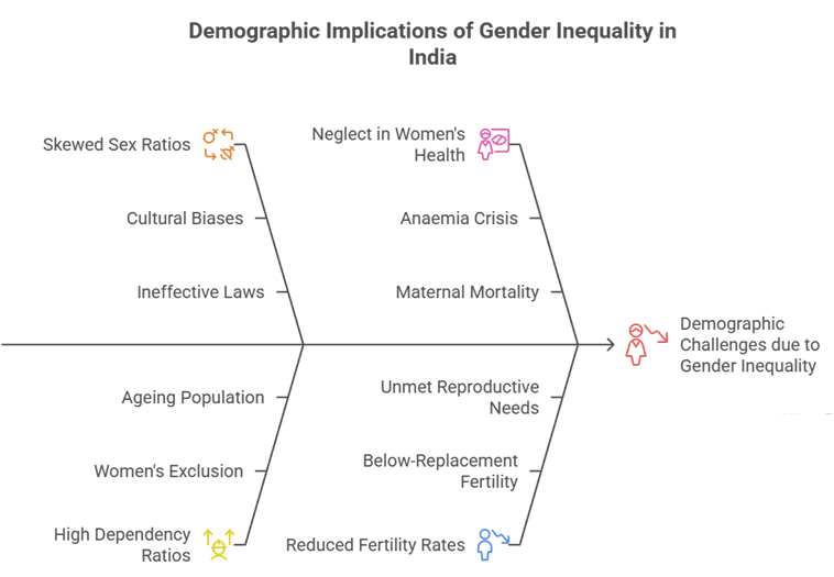 Fishbone diagram illustrating the demographic challenges caused by gender inequality in India, including skewed sex ratios, ageing population, high dependency ratios, neglect in women's health, and reduced fertility rates.