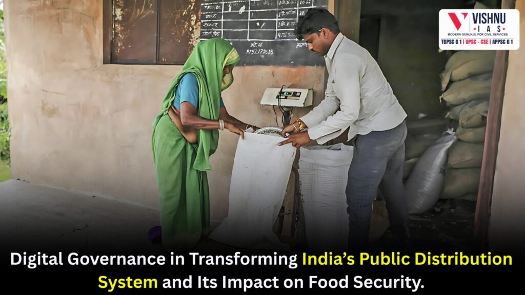 Discover how digital governance in India’s Public Distribution System (PDS) is transforming food delivery, reducing leakages, and strengthening food security through Aadhaar-enabled authentication, ONORC, and real-time monitoring.