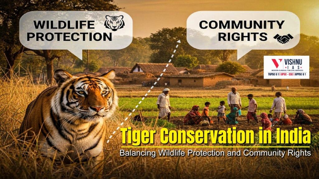 Explore how India’s tiger conservation strategy has evolved from a fortress conservation model to a community-centered approach. Learn how this shift impacts forest-dwelling communities and tiger habitats through inclusive and rights-based conservation policies.
