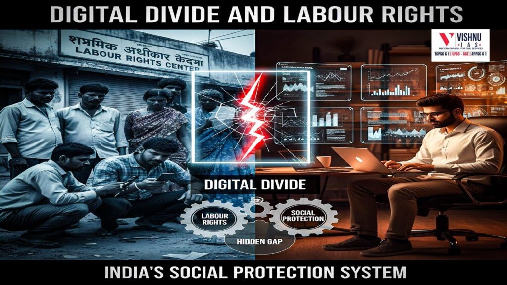 Explore how digital exclusion and weak enforcement mechanisms undermine the promise of universal social protection in India's labour policy framework, affecting informal and migrant workers across sectors.