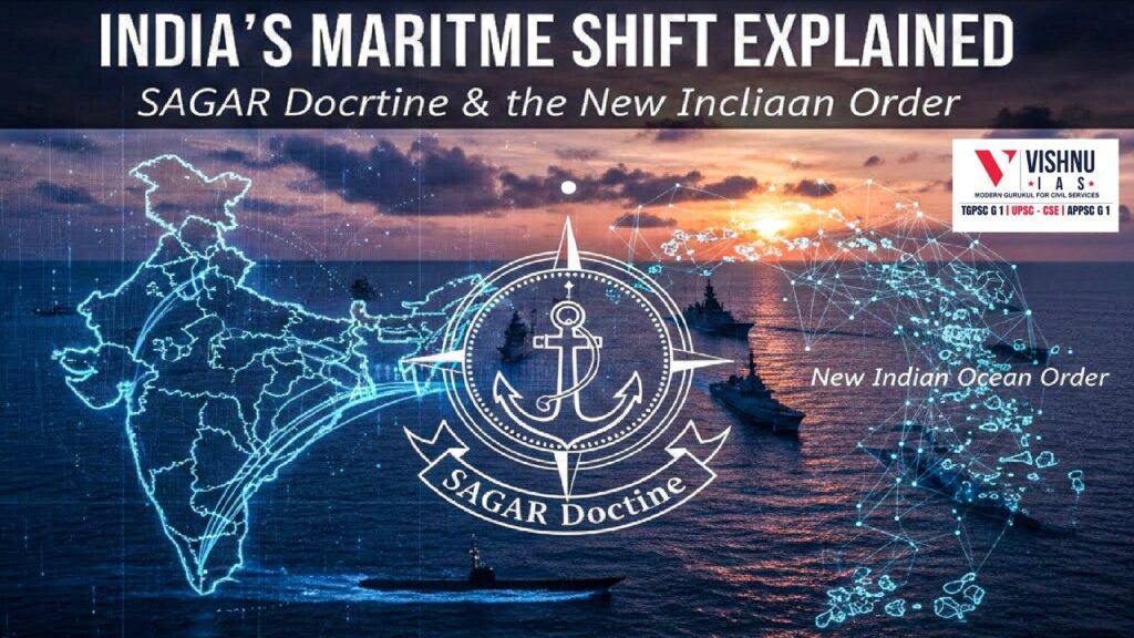 Explore how India’s maritime strategy is shifting towards security through sustainability in the Indian Ocean, with the SAGAR Doctrine anchoring cooperative and climate-resilient security.
