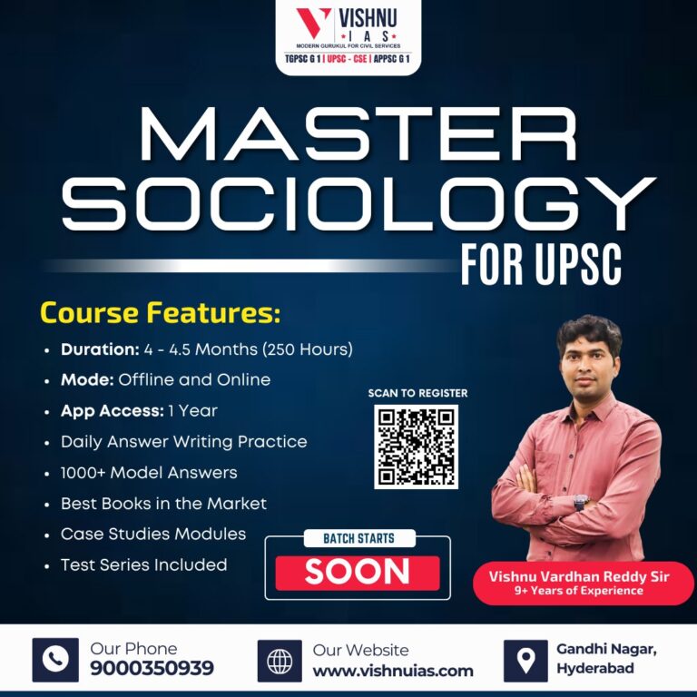Poster advertising Vishnu IAS Master Sociology Optional Course for UPSC with offline and online modes, 4–4.5 month duration, daily answer writing, model answers, case studies, test series, and app access for one year.
