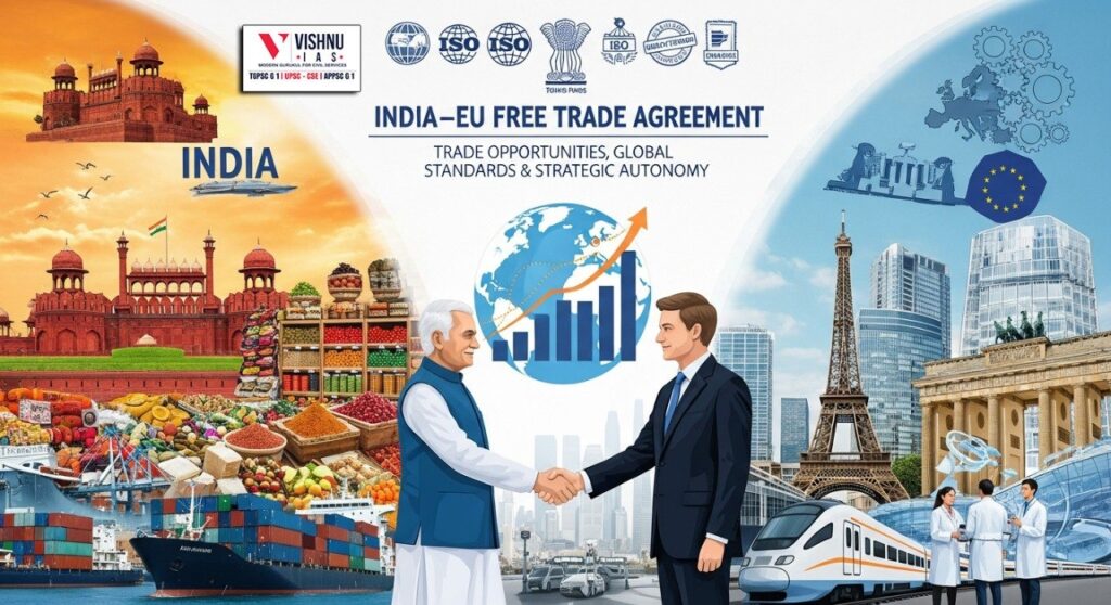 India–EU Free Trade Agreement marks a strategic shift in India’s engagement with the EU, shaping trade diversification, regulatory standards, and strategic autonomy.