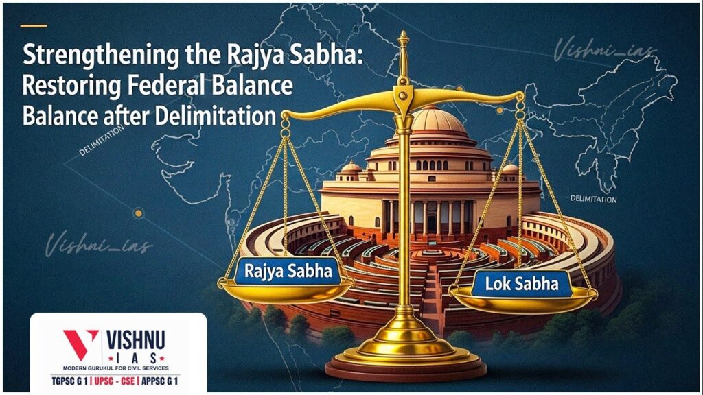 Strengthening the Rajya Sabha after delimitation can act as a corrective mechanism to balance federal representation, preserve cooperative federalism, and address population-based imbalances in the Lok Sabha.