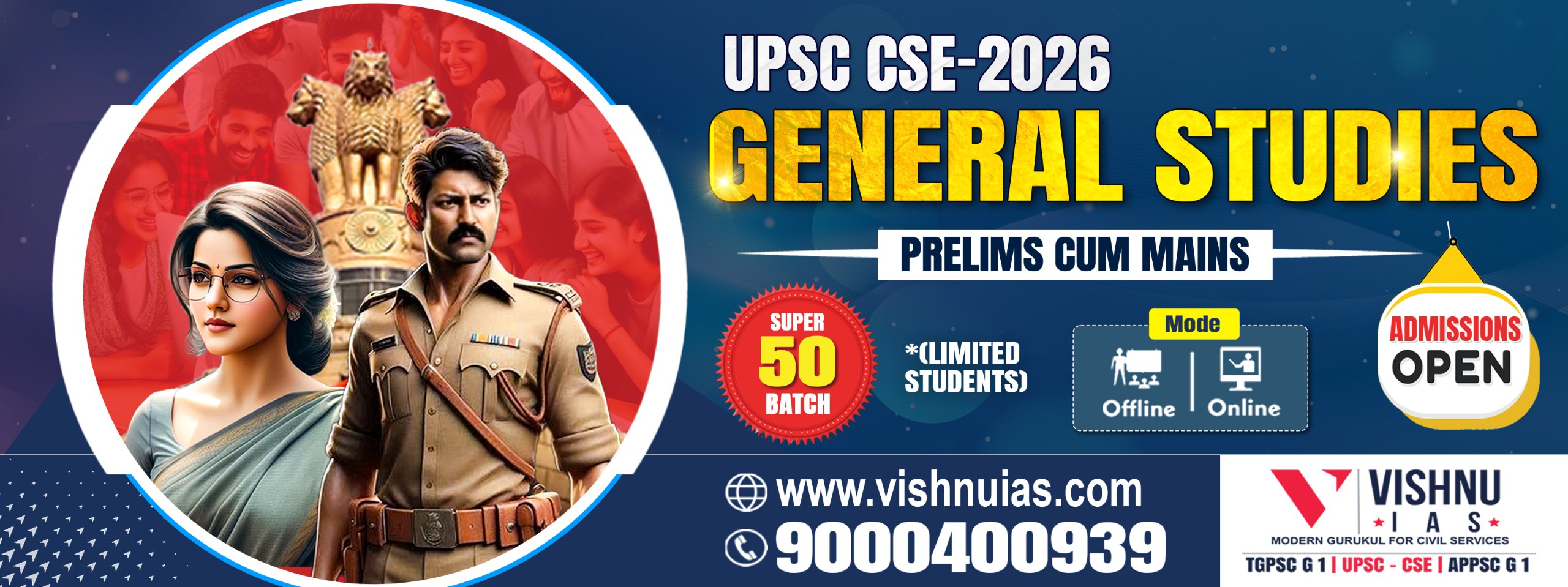 Promotional poster for Vishnu IAS General Studies Prelims-cum-Mains Course for UPSC 2026/27, highlighting features like NCERT classes, mentorship, tests, current affairs, and online/offline batches starting 21st January.