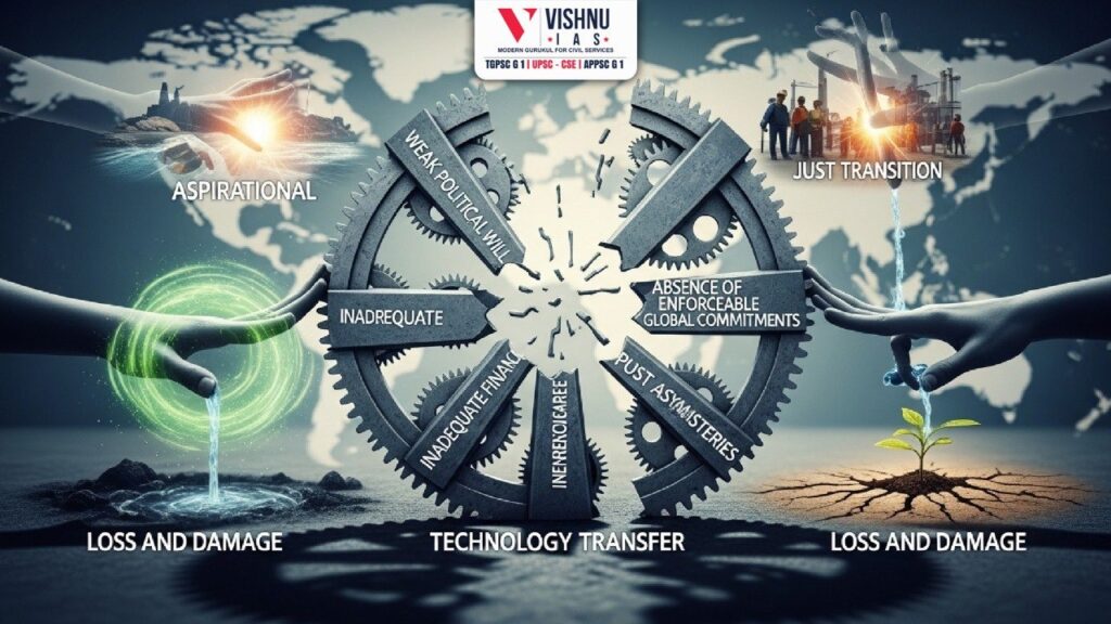 Loss and Damage, Technology Transfer and Just Transition in Climate Negotiations are central to equitable climate action, yet they remain largely aspirational due to political, financial and structural constraints. This blog analyses their role, limitations and the reasons behind weak implementation in global climate governance.