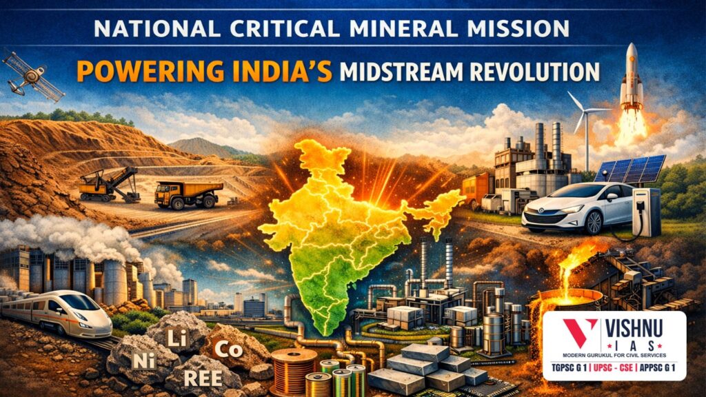 The National Critical Mineral Mission (NCMM) aims to reduce India’s import dependence and transform the country into a global midstream processing hub for critical minerals.