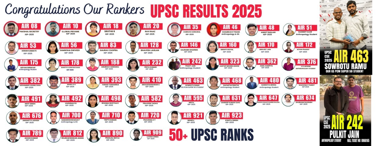 Poster showing UPSC CSE 2025 results of Vishnu IAS with 50+ rankers including AIR 08 Pakshal Secretry, AIR 18 Sruthii R, AIR 46 Shambhavi Tiwari, AIR 463 Sowrotu Ramu and other successful candidates.
