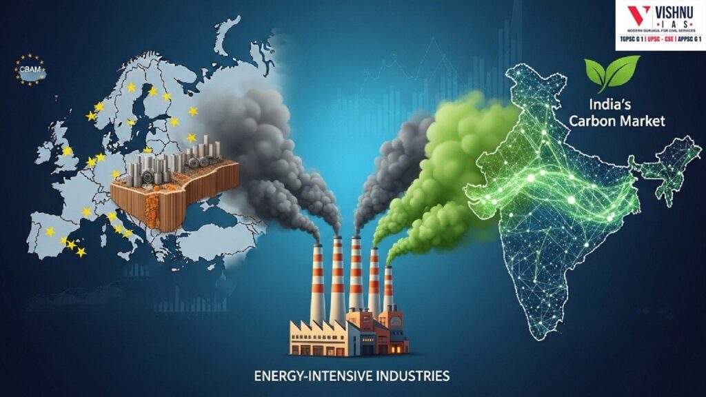 Explore the impact of EU CBAM on India’s carbon market design, focusing on energy-intensive industries, carbon pricing, competitiveness, and policy transformation.