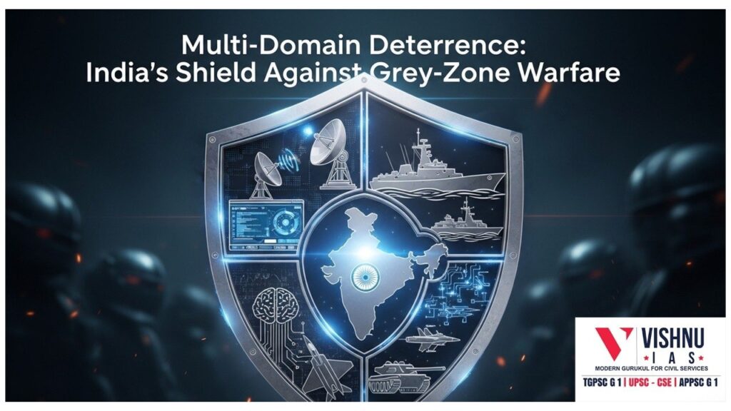 Multi-Domain Deterrence (MDD) is reshaping modern warfare in the Indo-Pacific by addressing grey-zone warfare and asymmetric threats through integrated land, air, sea, cyber, and space strategies. Explore its concept, relevance, and strategic importance.