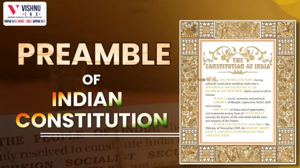 Preamble of Indian Constitution explained with meaning, features, evolution, key terms and amendments for UPSC preparation. Complete Indian Polity notes.