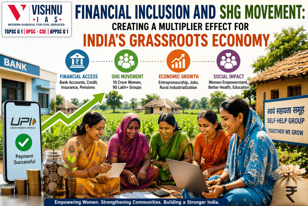Financial Inclusion and SHG Movement are transforming India’s grassroots economy by empowering women, boosting entrepreneurship, and strengthening rural development through schemes like PMJDY and DAY-NRLM.