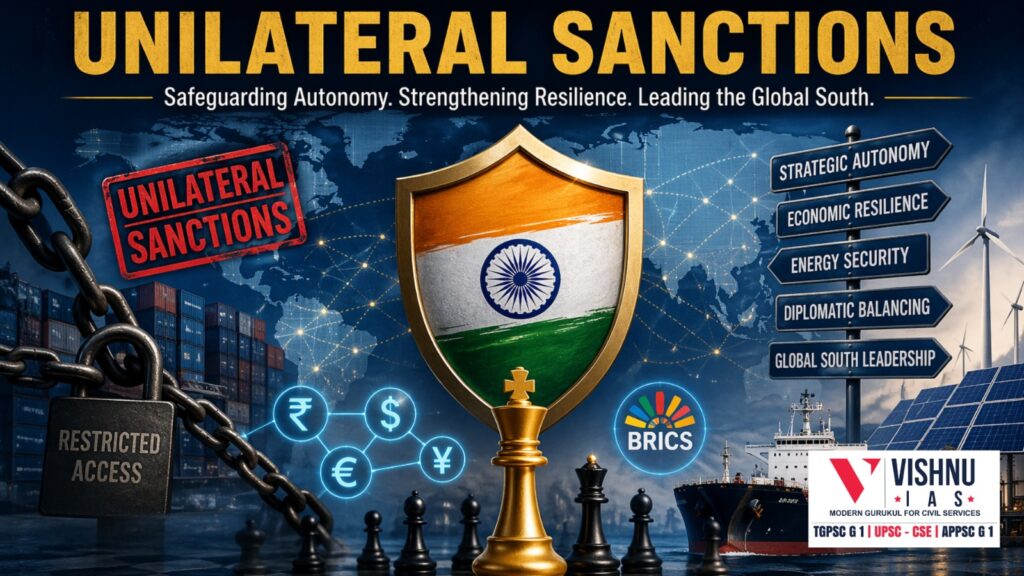 India’s Strategic Response to Unilateral Sanctions explores how India balances economic resilience, energy security, and global leadership while resisting coercive economic measures in an evolving geopolitical landscape.