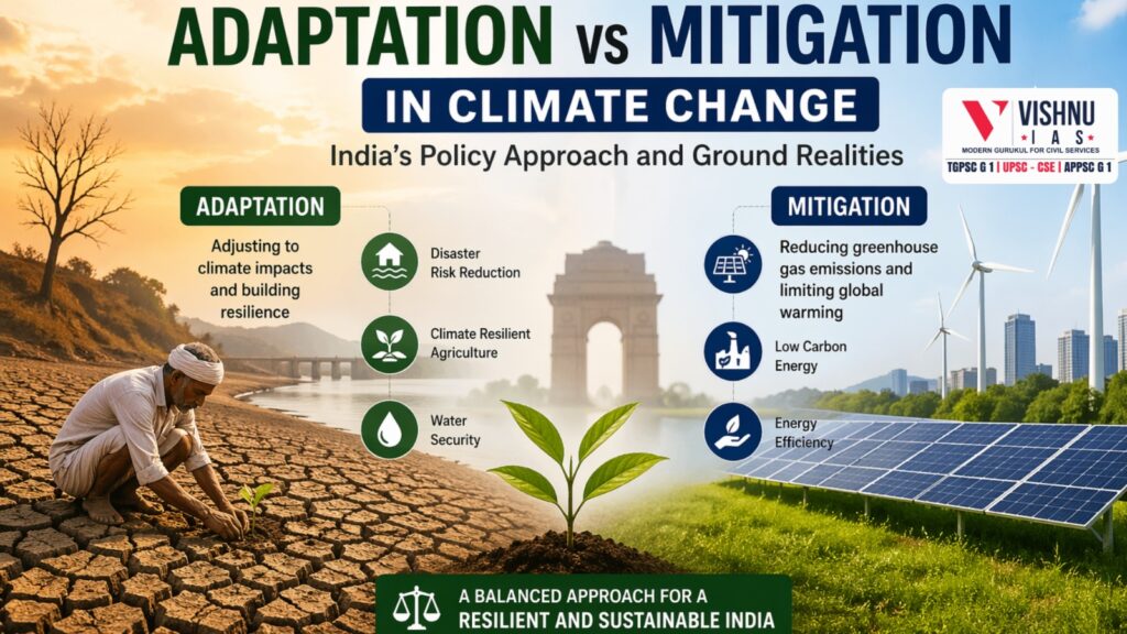 Explore adaptation vs mitigation in climate change with a focus on India’s policy approach, ground realities, and why adaptation is crucial for developing countries like India.