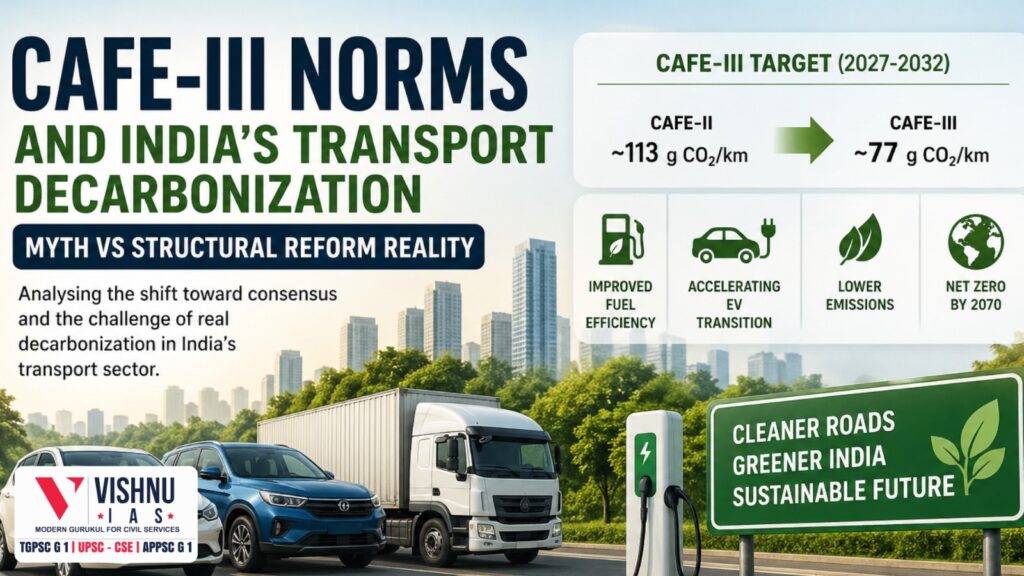 CAFE-III Norms India represent a key step in transport decarbonization, but are they truly transformative or just incremental? This blog analyses the policy, its impact on emissions, EV transition, and India’s net-zero goals for UPSC preparation.