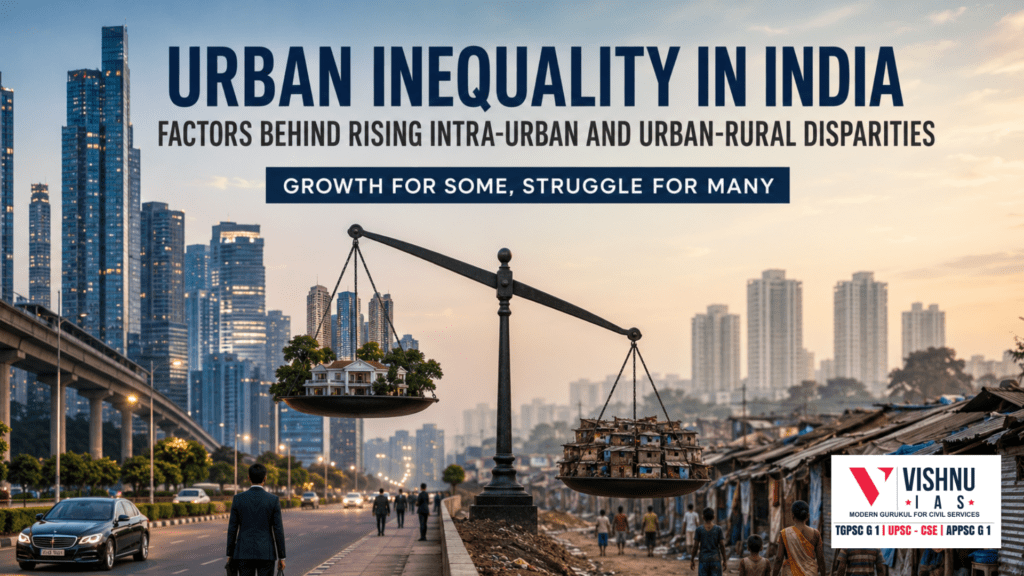 Urban Inequality in India is rapidly increasing due to urban-centric growth, informal labour markets, unequal access to education, and widening urban-rural disparities. Explore the major causes, socio-economic impacts, and policy challenges shaping inequality in modern India.