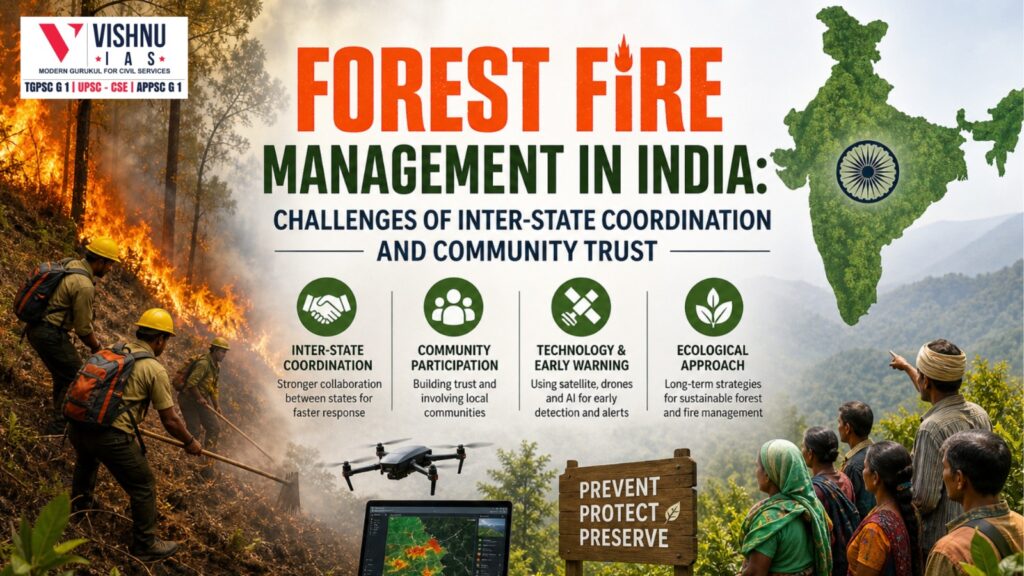 Forest Fire Management in India faces challenges due to weak inter-state coordination and lack of community trust. Learn about causes, issues, and solutions for effective fire control.