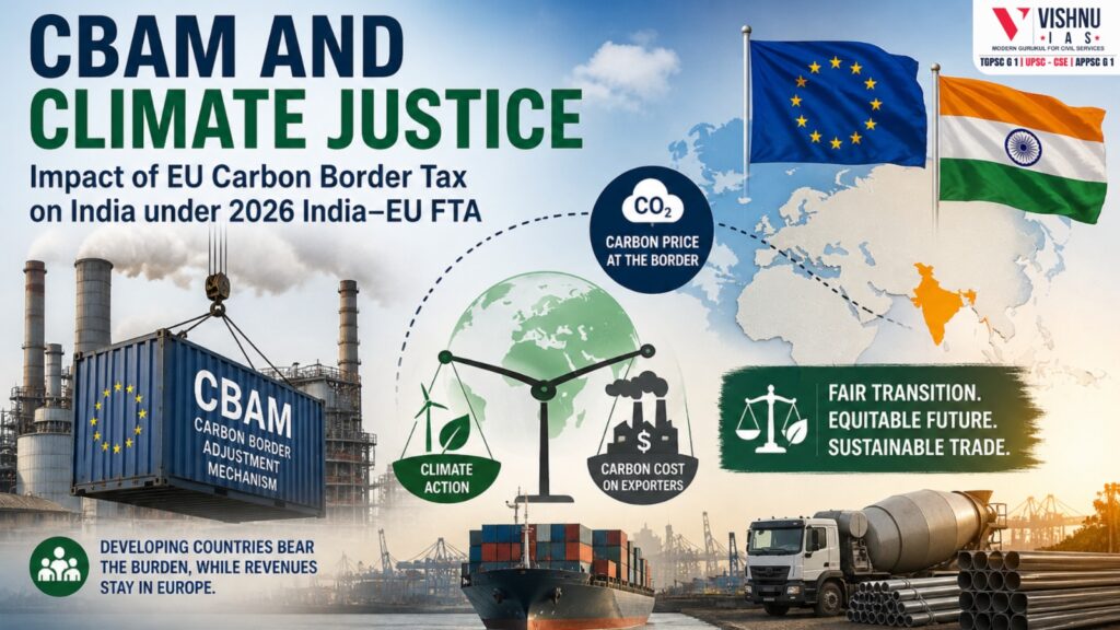 CBAM and Climate Justice are central to debates on the EU’s Carbon Border Adjustment Mechanism and its impact on India under the 2026 India-EU FTA. This article examines equity, trade challenges, and policy responses.