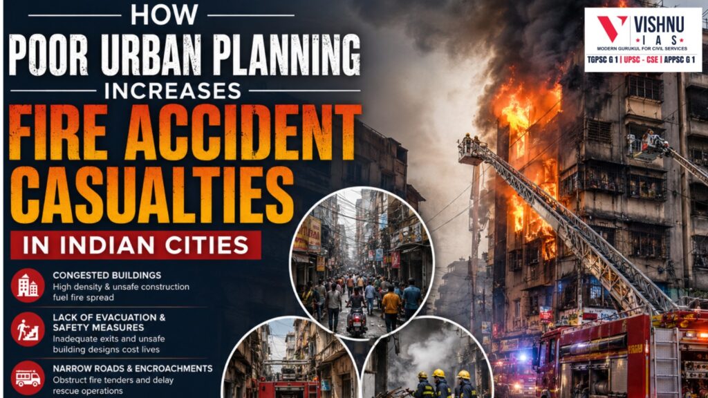 Poor urban planning and access issues significantly increase fire accident casualties in Indian cities. Learn how congestion, unsafe buildings, weak infrastructure, and poor emergency access worsen urban fire disasters.
