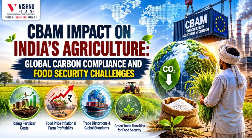 Explore the CBAM impact on India’s agriculture and how global carbon compliance regimes affect fertilizer prices, food security, farm profitability, and India’s green trade transition. Learn key challenges, policy measures, and sustainable solutions for resilient agriculture.